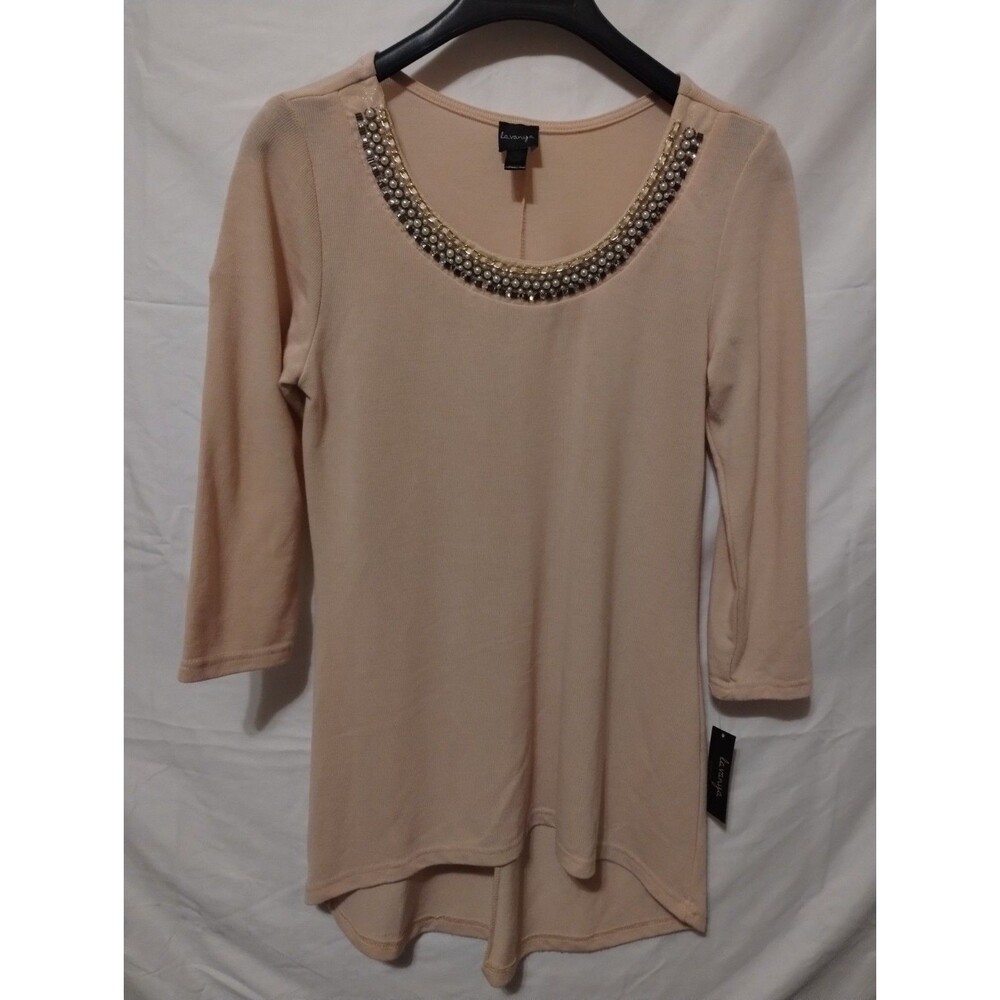 Lavanya Women’s L Beige Solid Scoop Neck Beaded Knit 3/4 Sleeve Pullover Top